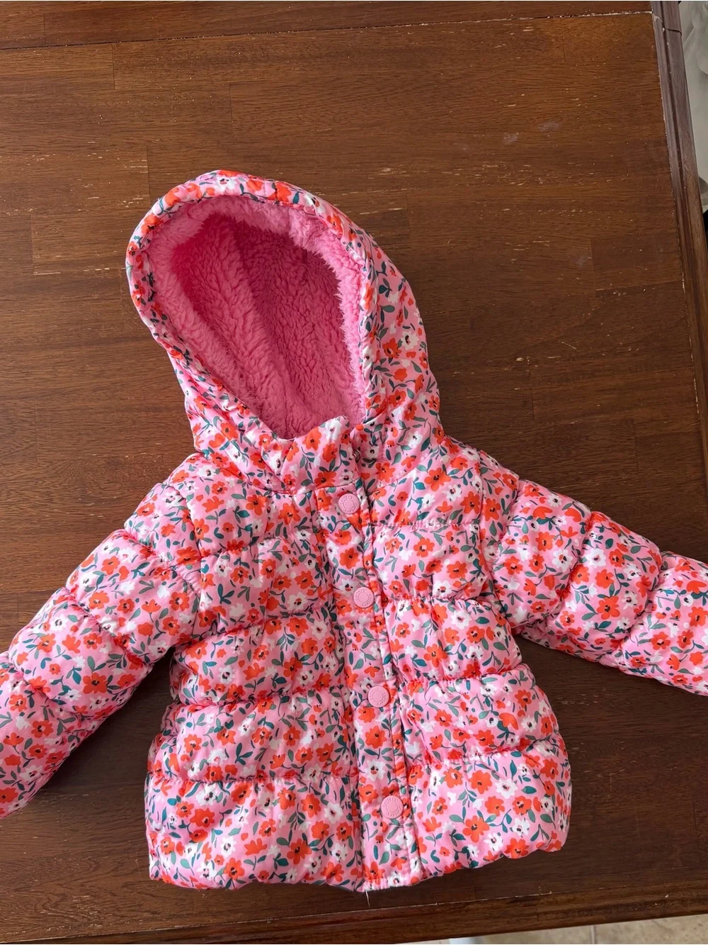 Baby Girl Pink Floral Puffer Jacket with Hood